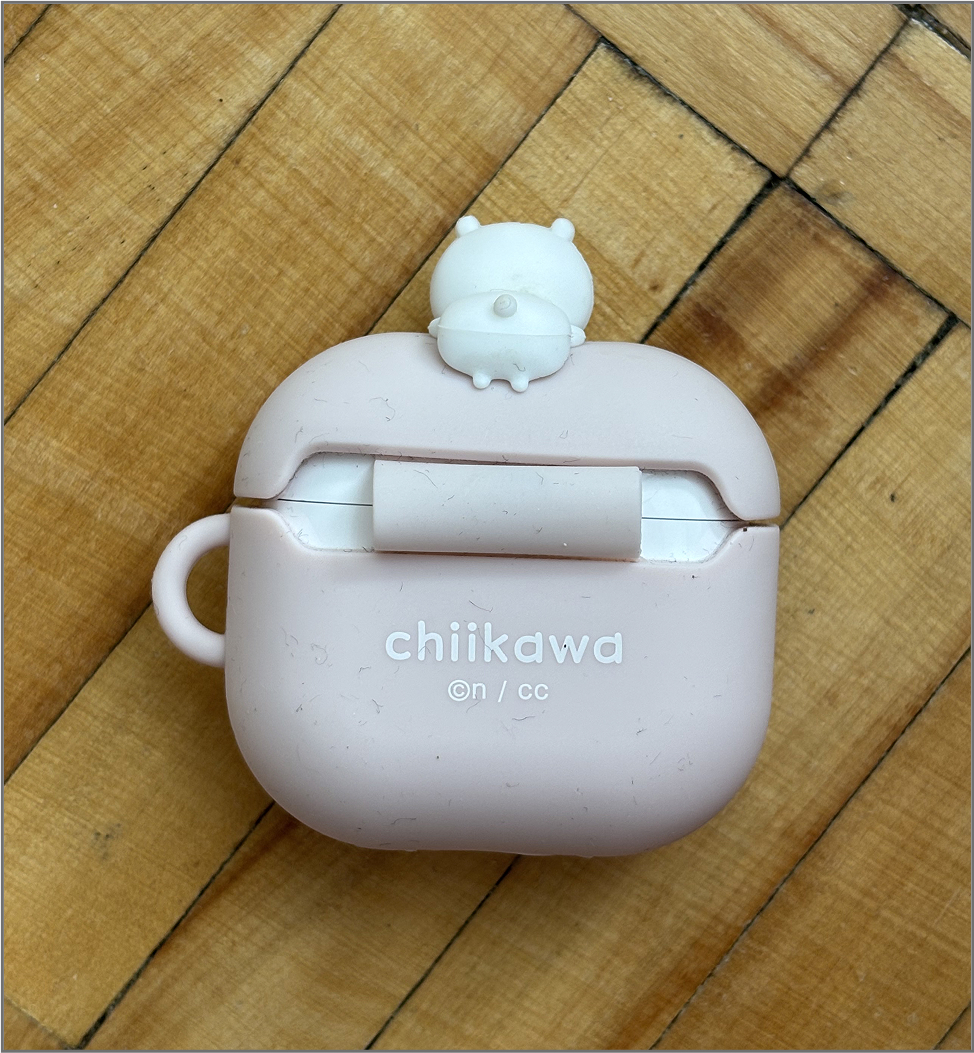 Back picture of the airpod case. There is a fold that connects the two parts of the case, and the cute small figure lays on top of it.