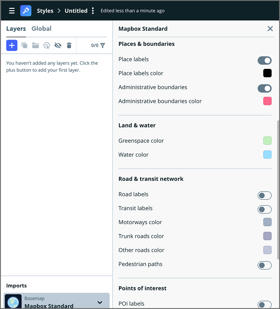 View on the Mapbox Standard. The interface here is different from the tutorials.