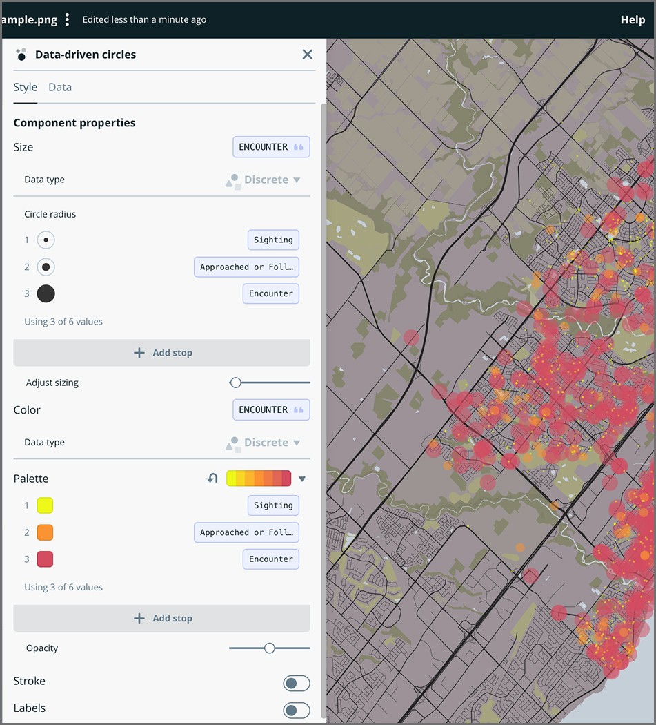 End result of adjusting sizes and palette to make all categories visible.