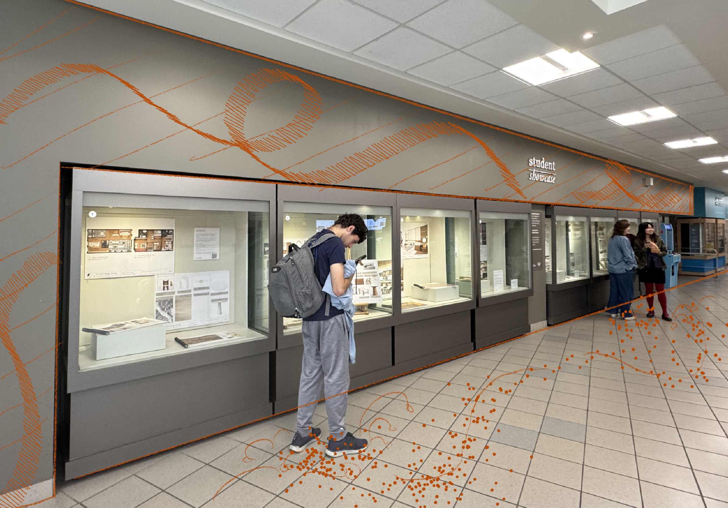 This concept uses projection mapping on the top and border of the showcase, includes QR codes for additional information on student projects, and adds illuminated counters with accompanying text.