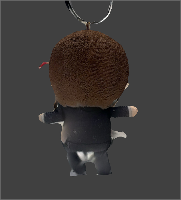 The back view of the plushie. The gap between its legs is blurred.